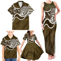 Aloha Hawaii Kalo Pikake Lei Family Matching Tank Maxi Dress and Hawaiian Shirt Chest Tattoo Gold Hawaiian Pattern