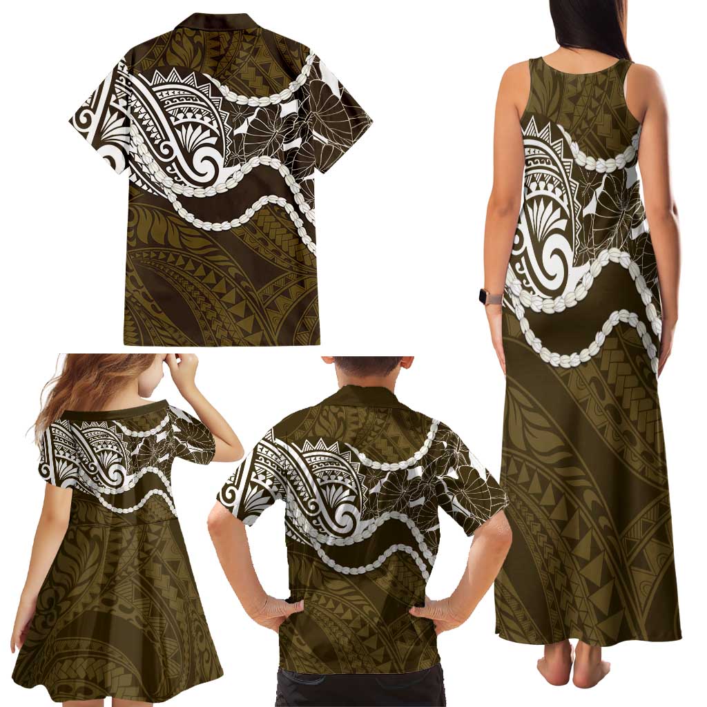 Aloha Hawaii Kalo Pikake Lei Family Matching Tank Maxi Dress and Hawaiian Shirt Chest Tattoo Gold Hawaiian Pattern