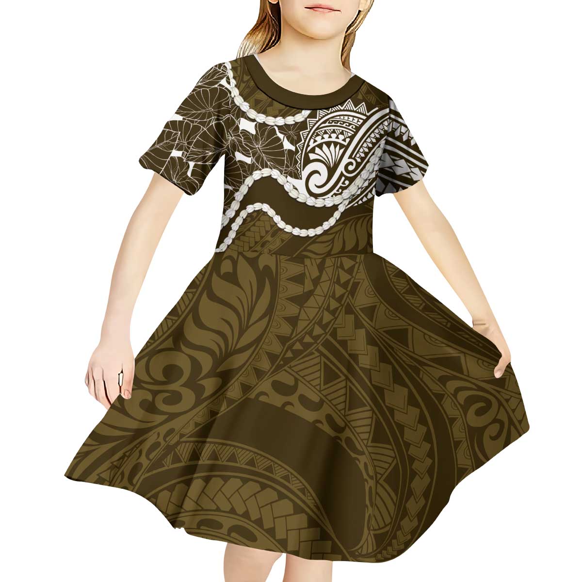 Aloha Hawaii Kalo Pikake Lei Kid Short Sleeve Dress Chest Tattoo Gold Hawaiian Pattern