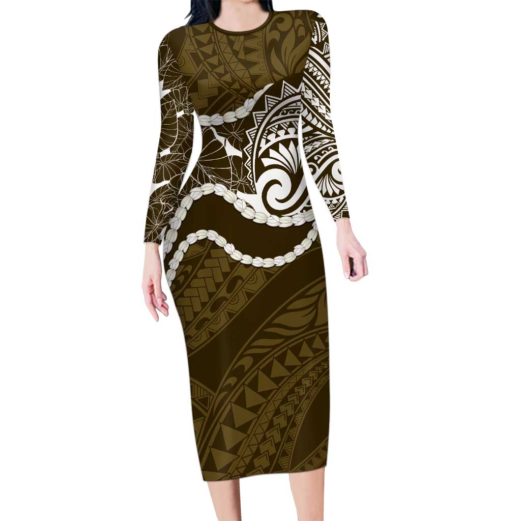 Aloha Hawaii Kalo Pikake Lei Long Sleeve Bodycon Dress Chest Tattoo Gold Hawaiian Pattern LT14 Long Dress Gold - Polynesian Pride