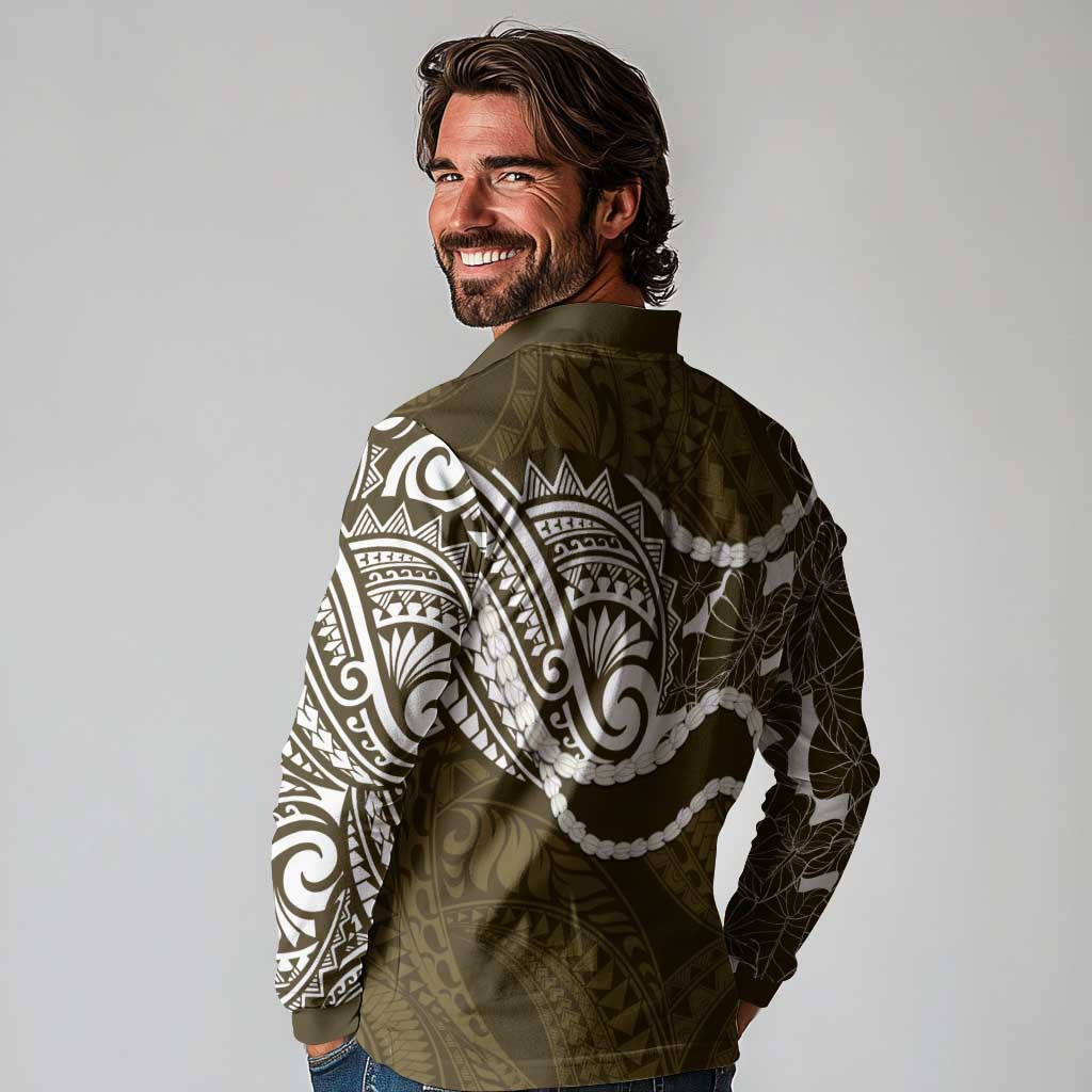 Aloha Hawaii Kalo Pikake Lei Long Sleeve Polo Shirt Chest Tattoo Gold Hawaiian Pattern