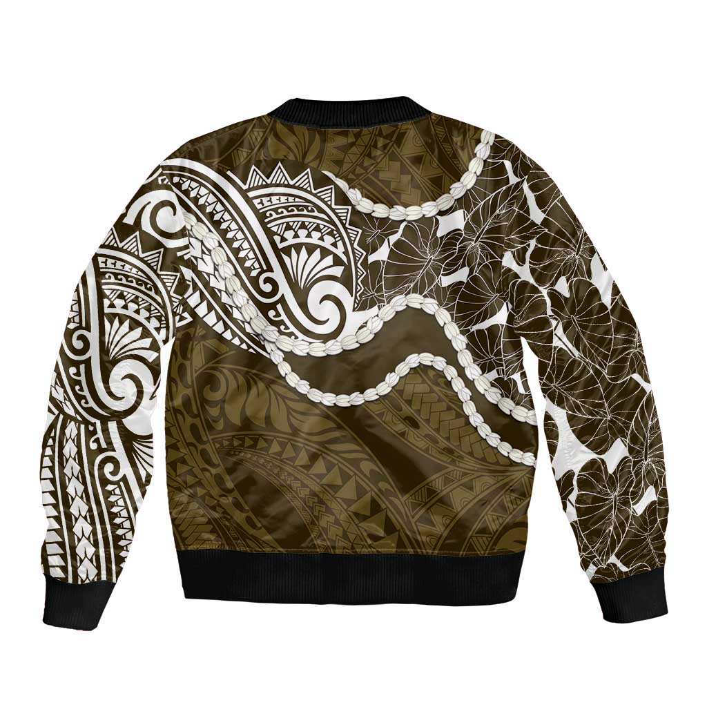 Aloha Hawaii Kalo Pikake Lei Sleeve Zip Bomber Jacket Chest Tattoo Gold Hawaiian Pattern