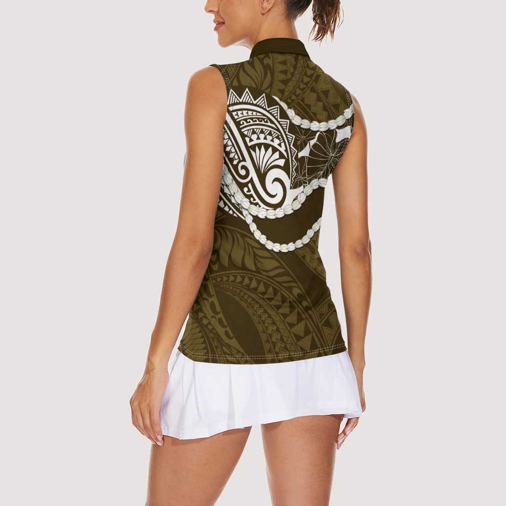 Aloha Hawaii Kalo Pikake Lei Women Sleeveless Polo Shirt Chest Tattoo Gold Hawaiian Pattern