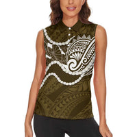 Aloha Hawaii Kalo Pikake Lei Women Sleeveless Polo Shirt Chest Tattoo Gold Hawaiian Pattern