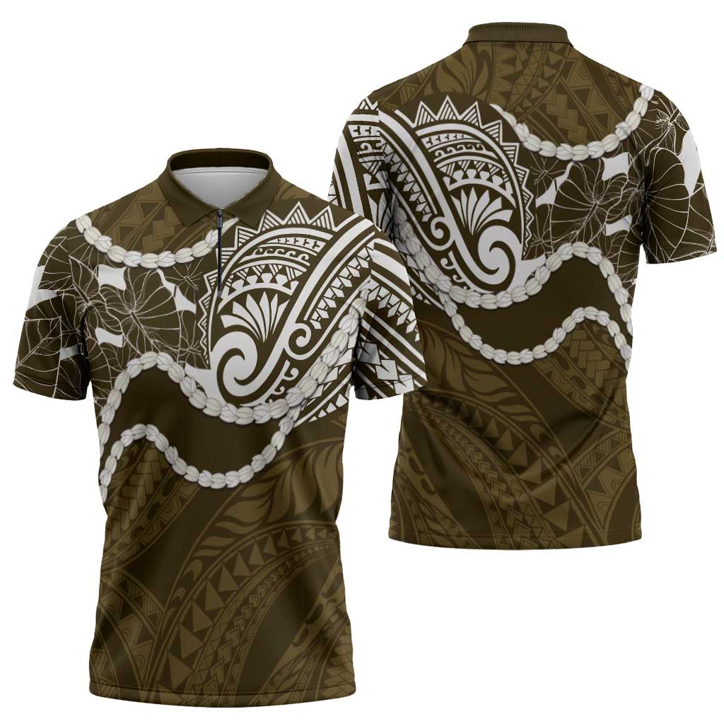 Aloha Hawaii Kalo Pikake Lei Zipper Polo Shirt Chest Tattoo Gold Hawaiian Pattern LT14 - Polynesian Pride