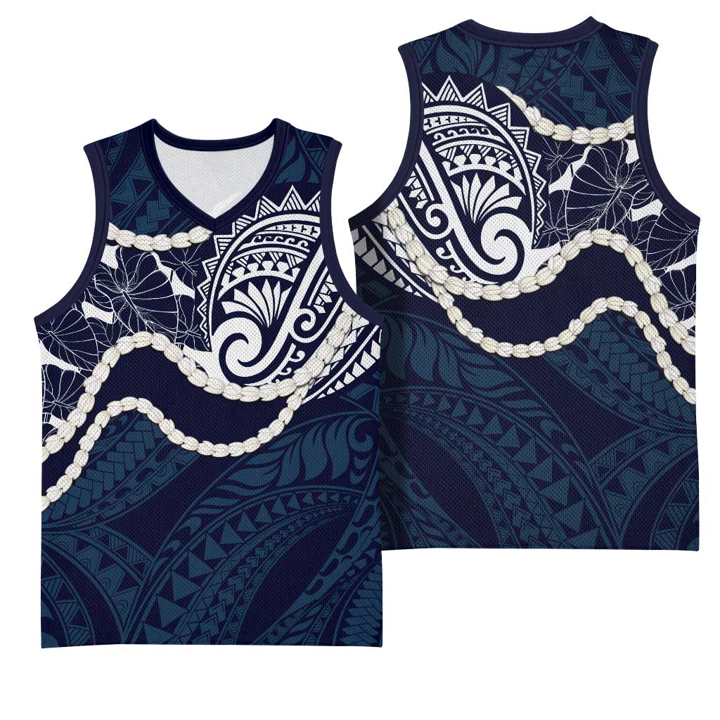 Aloha Hawaii Kalo Pikake Lei Basketball Jersey Chest Tattoo Oxford Blue Hawaiian Pattern LT14 - Polynesian Pride