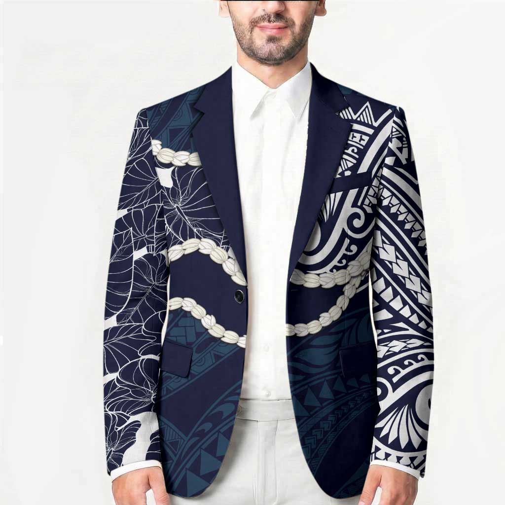 Aloha Hawaii Kalo Pikake Lei Blazer Chest Tattoo Oxford Blue Hawaiian Pattern