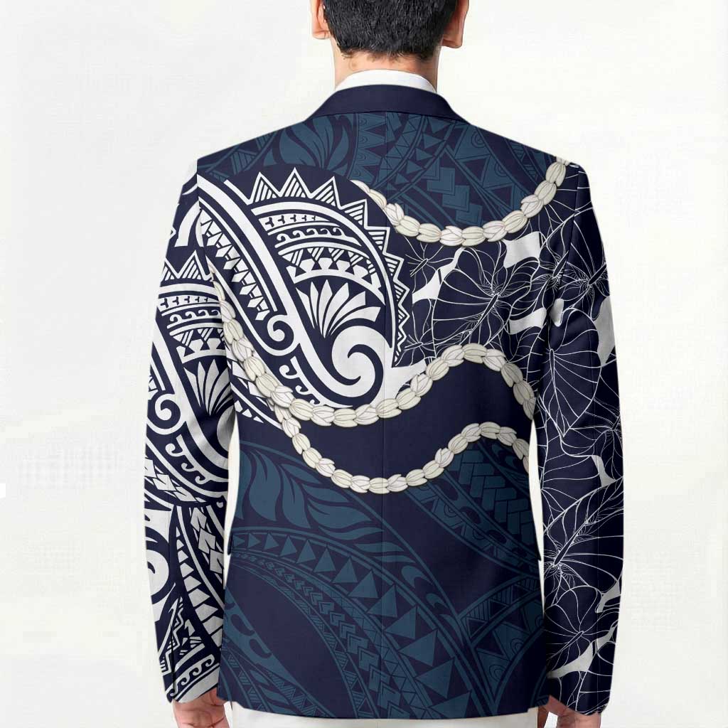 Aloha Hawaii Kalo Pikake Lei Blazer Chest Tattoo Oxford Blue Hawaiian Pattern