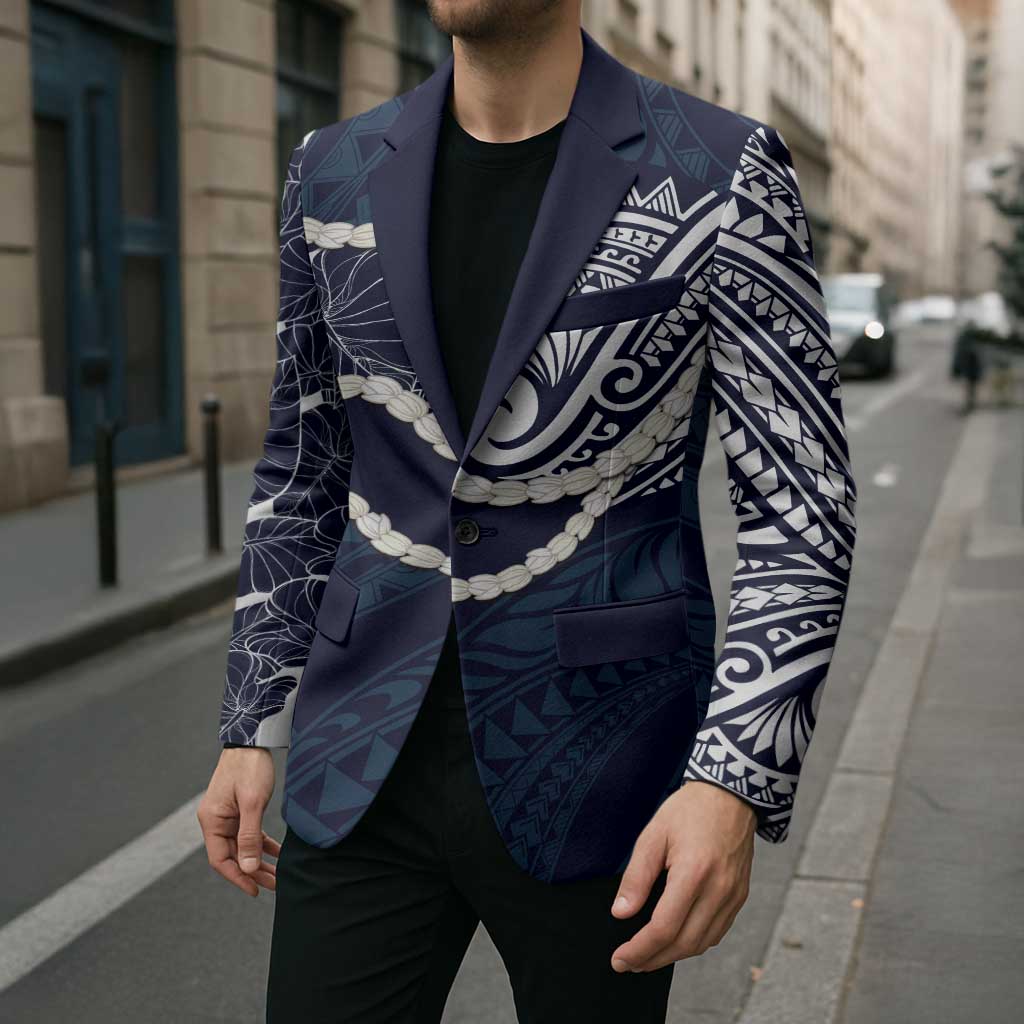 Aloha Hawaii Kalo Pikake Lei Blazer Chest Tattoo Oxford Blue Hawaiian Pattern