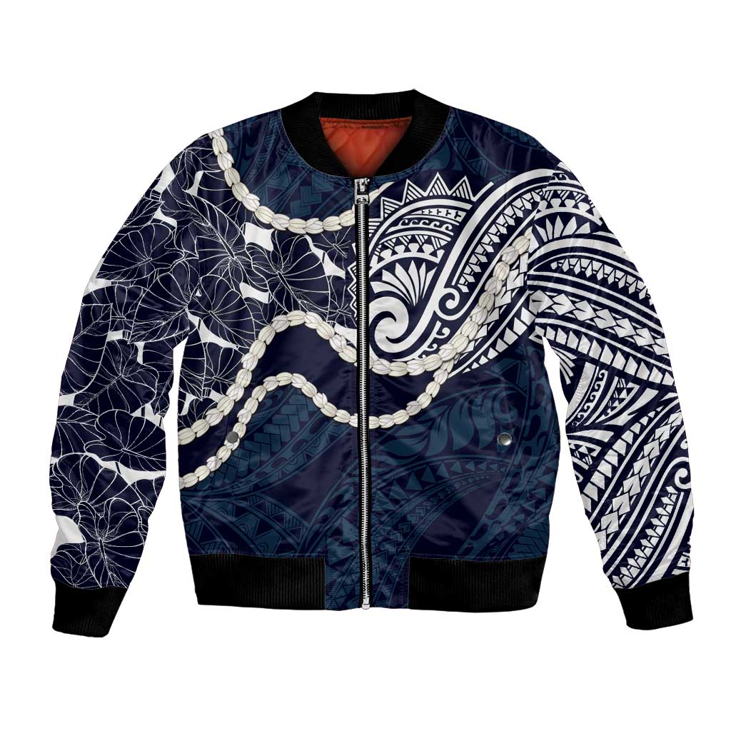Aloha Hawaii Kalo Pikake Lei Bomber Jacket Chest Tattoo Oxford Blue Hawaiian Pattern LT14 Unisex Oxford Blue - Polynesian Pride