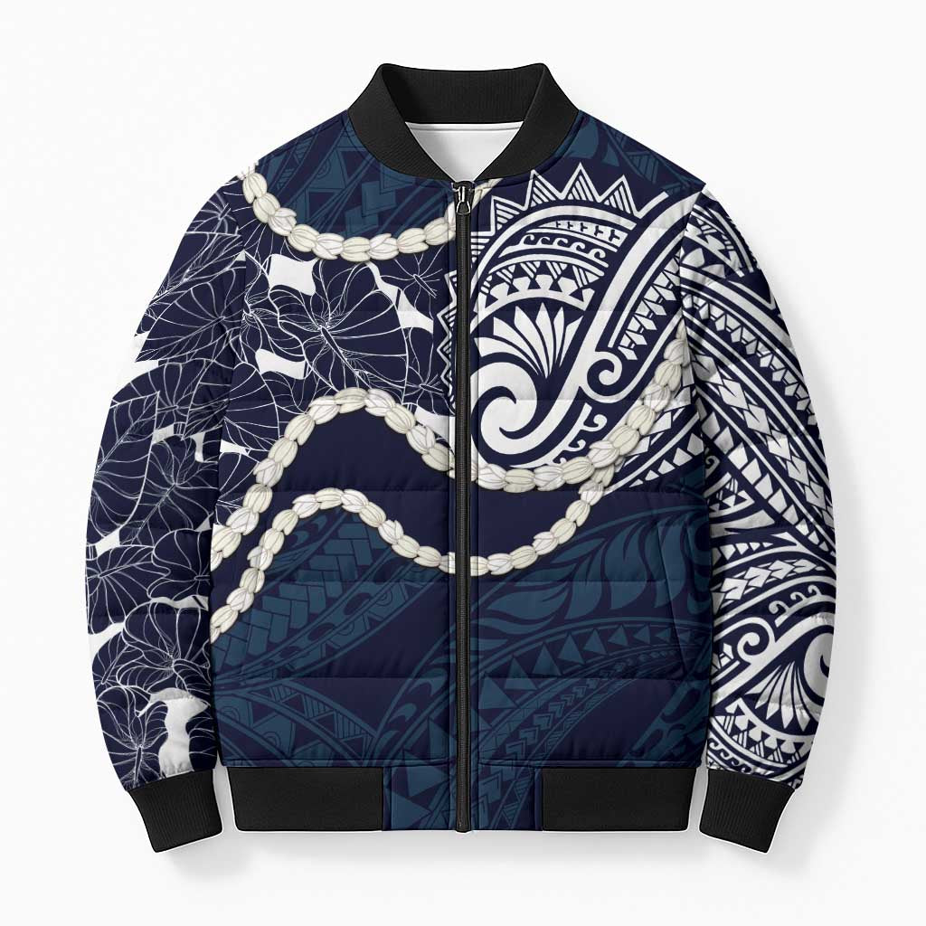 Aloha Hawaii Kalo Pikake Lei Bomber Puffer Jacket Chest Tattoo Oxford Blue Hawaiian Pattern