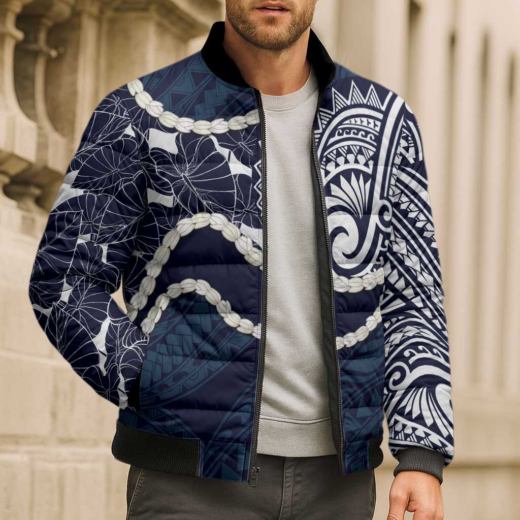 Aloha Hawaii Kalo Pikake Lei Bomber Puffer Jacket Chest Tattoo Oxford Blue Hawaiian Pattern