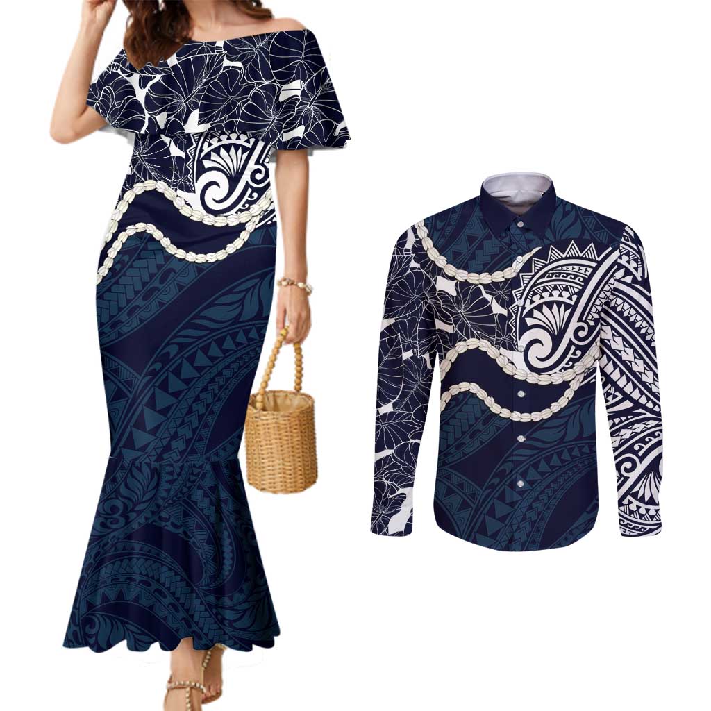 Aloha Hawaii Kalo Pikake Lei Couples Matching Mermaid Dress and Long Sleeve Button Shirt Chest Tattoo Oxford Blue Hawaiian Pattern