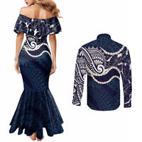 Aloha Hawaii Kalo Pikake Lei Couples Matching Mermaid Dress and Long Sleeve Button Shirt Chest Tattoo Oxford Blue Hawaiian Pattern