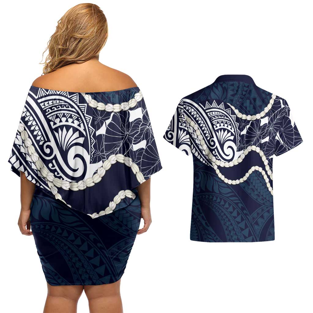 Aloha Hawaii Kalo Pikake Lei Couples Matching Off Shoulder Short Dress and Hawaiian Shirt Chest Tattoo Oxford Blue Hawaiian Pattern