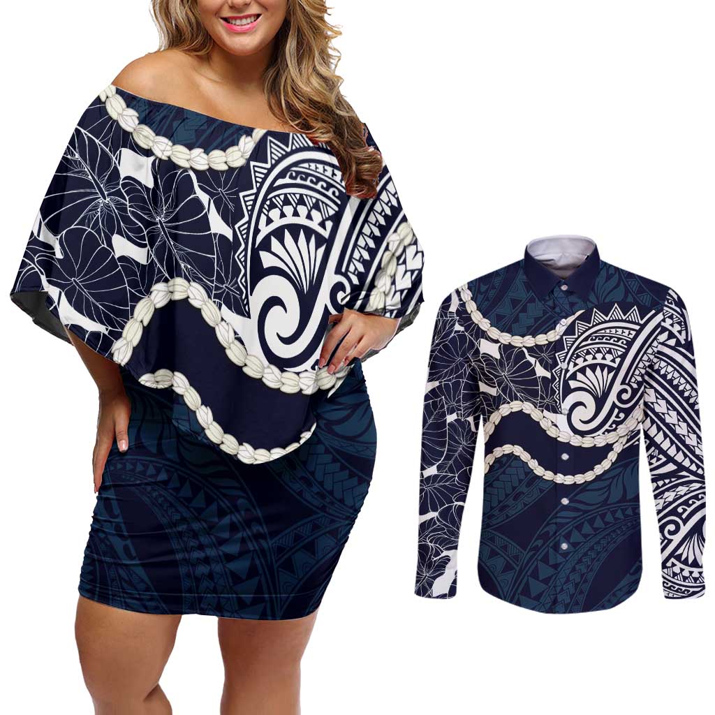 Aloha Hawaii Kalo Pikake Lei Couples Matching Off Shoulder Short Dress and Long Sleeve Button Shirt Chest Tattoo Oxford Blue Hawaiian Pattern