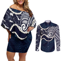 Aloha Hawaii Kalo Pikake Lei Couples Matching Off Shoulder Short Dress and Long Sleeve Button Shirt Chest Tattoo Oxford Blue Hawaiian Pattern