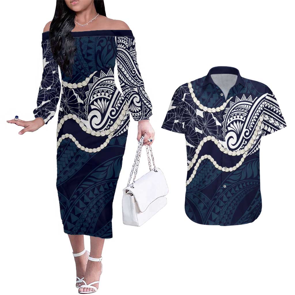 Aloha Hawaii Kalo Pikake Lei Couples Matching Off The Shoulder Long Sleeve Dress and Hawaiian Shirt Chest Tattoo Oxford Blue Hawaiian Pattern