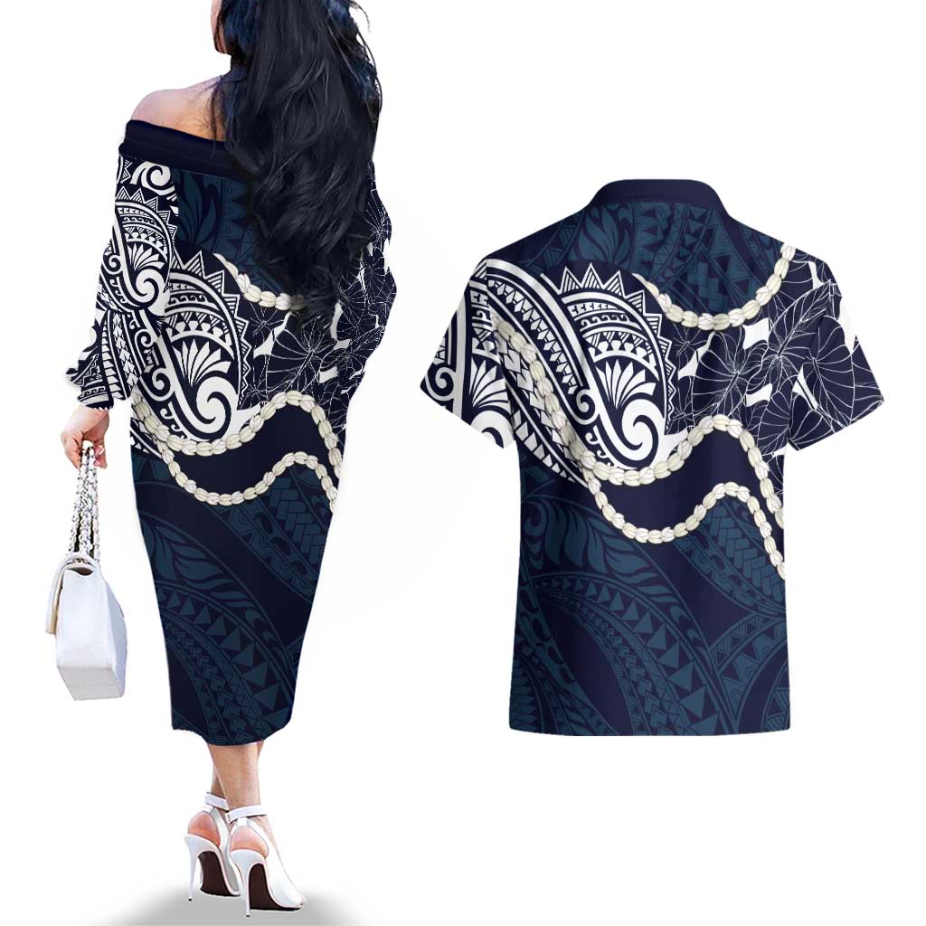 Aloha Hawaii Kalo Pikake Lei Couples Matching Off The Shoulder Long Sleeve Dress and Hawaiian Shirt Chest Tattoo Oxford Blue Hawaiian Pattern
