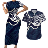Aloha Hawaii Kalo Pikake Lei Couples Matching Short Sleeve Bodycon Dress and Hawaiian Shirt Chest Tattoo Oxford Blue Hawaiian Pattern