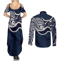 Aloha Hawaii Kalo Pikake Lei Couples Matching Summer Maxi Dress and Long Sleeve Button Shirt Chest Tattoo Oxford Blue Hawaiian Pattern