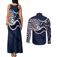 Aloha Hawaii Kalo Pikake Lei Couples Matching Tank Maxi Dress and Long Sleeve Button Shirt Chest Tattoo Oxford Blue Hawaiian Pattern