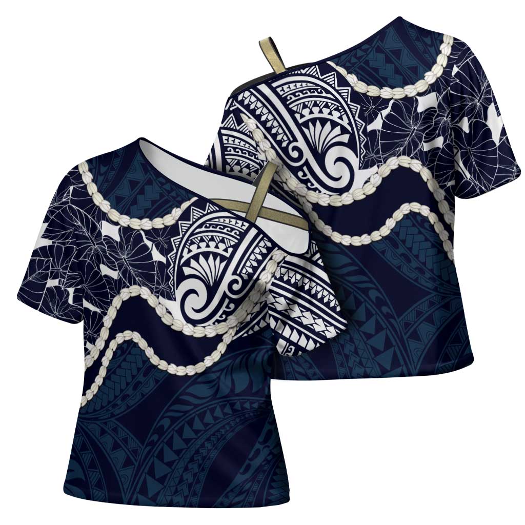 Aloha Hawaii Kalo Pikake Lei Cross Shoulder Shirt Chest Tattoo Oxford Blue Hawaiian Pattern LT14 - Polynesian Pride