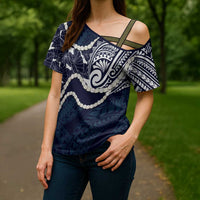 Aloha Hawaii Kalo Pikake Lei Cross Shoulder Shirt Chest Tattoo Oxford Blue Hawaiian Pattern LT14 - Polynesian Pride