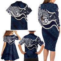 Aloha Hawaii Kalo Pikake Lei Family Matching Long Sleeve Bodycon Dress and Hawaiian Shirt Chest Tattoo Oxford Blue Hawaiian Pattern