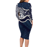 Aloha Hawaii Kalo Pikake Lei Family Matching Long Sleeve Bodycon Dress and Hawaiian Shirt Chest Tattoo Oxford Blue Hawaiian Pattern