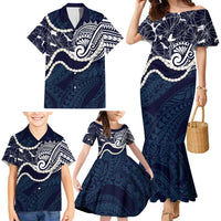Aloha Hawaii Kalo Pikake Lei Family Matching Mermaid Dress and Hawaiian Shirt Chest Tattoo Oxford Blue Hawaiian Pattern