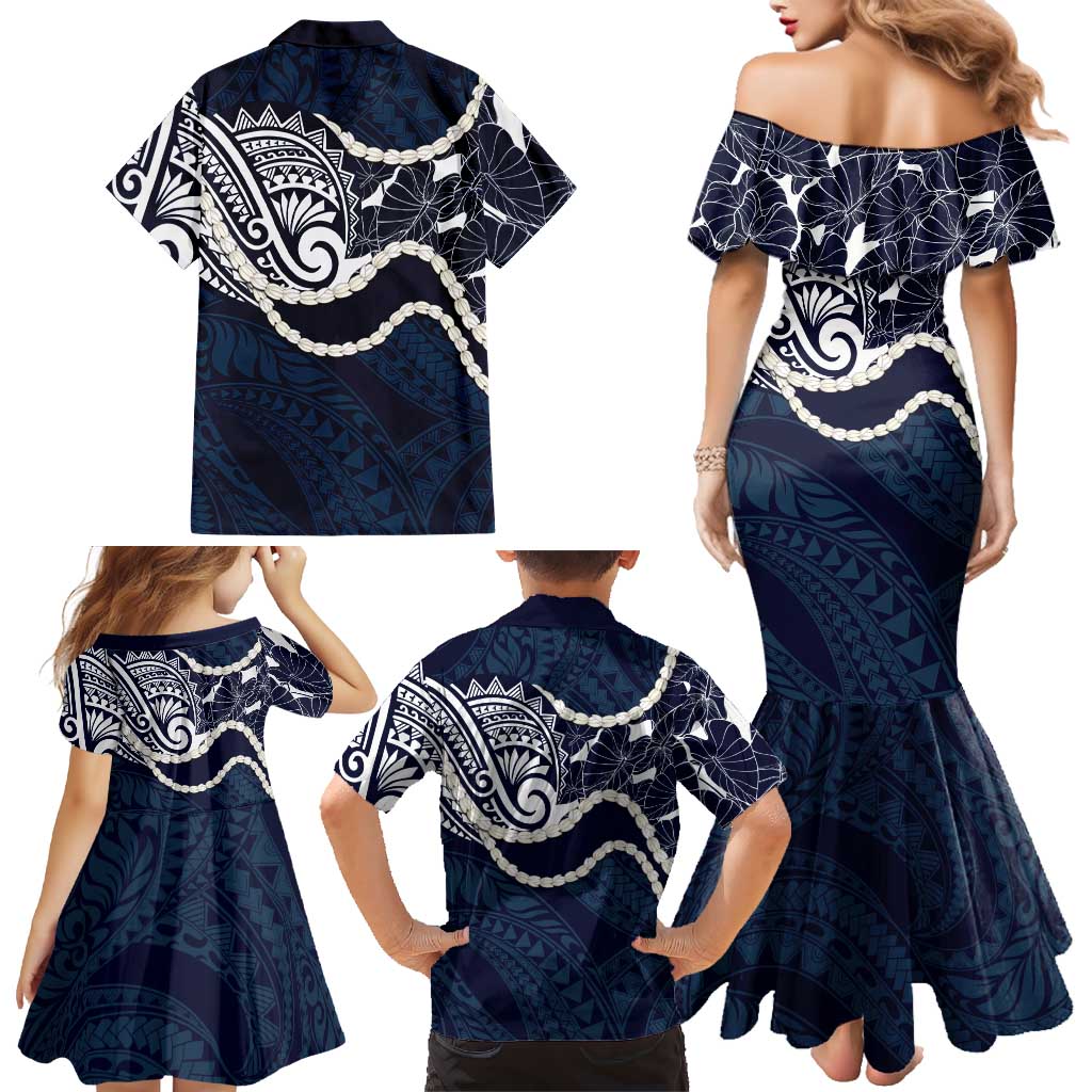 Aloha Hawaii Kalo Pikake Lei Family Matching Mermaid Dress and Hawaiian Shirt Chest Tattoo Oxford Blue Hawaiian Pattern