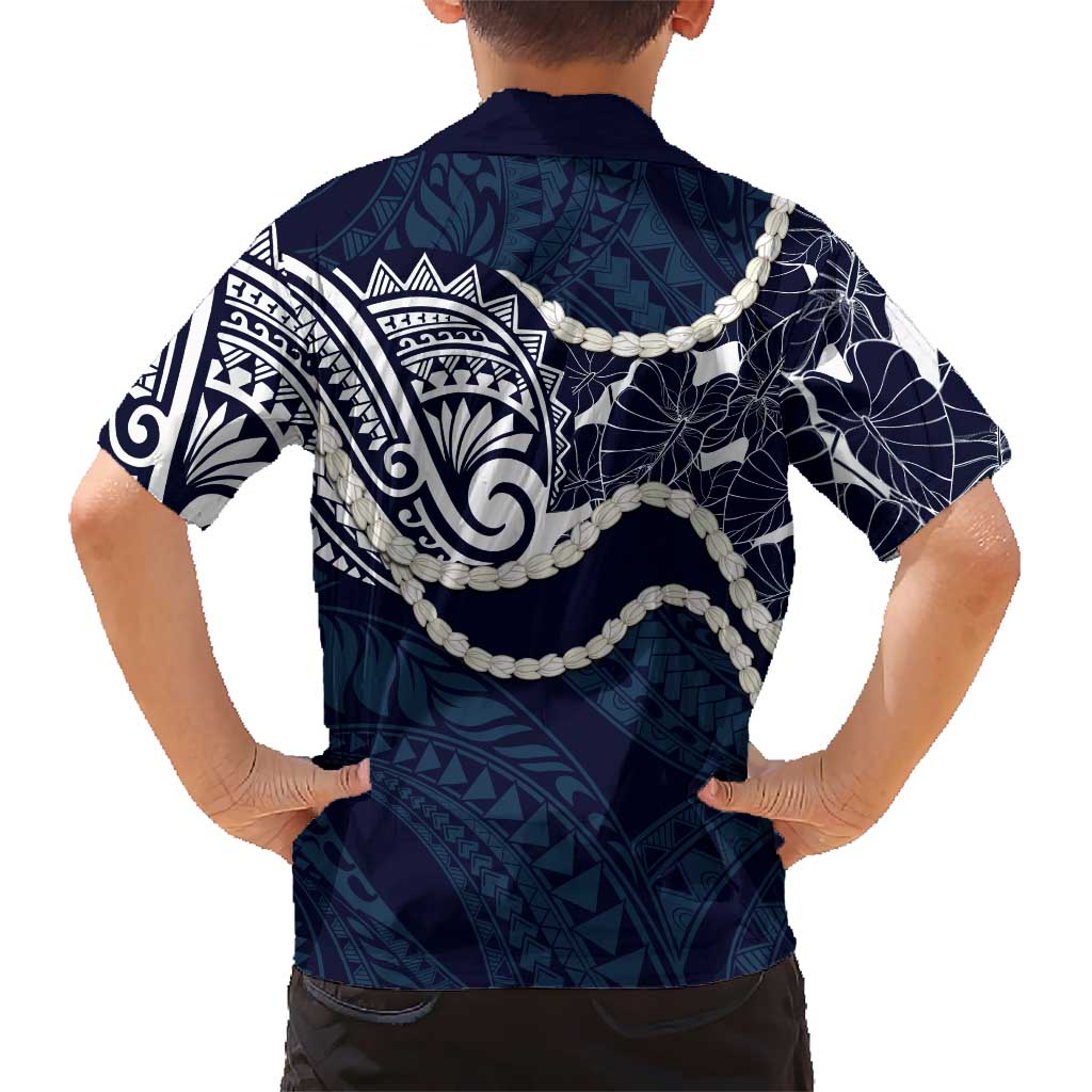 Aloha Hawaii Kalo Pikake Lei Family Matching Off The Shoulder Long Sleeve Dress and Hawaiian Shirt Chest Tattoo Oxford Blue Hawaiian Pattern