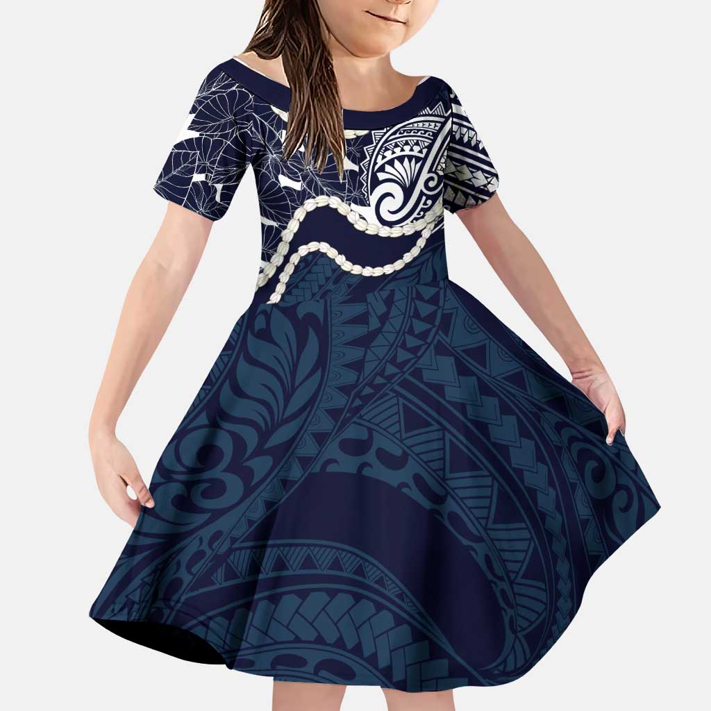 Aloha Hawaii Kalo Pikake Lei Family Matching Off The Shoulder Long Sleeve Dress and Hawaiian Shirt Chest Tattoo Oxford Blue Hawaiian Pattern
