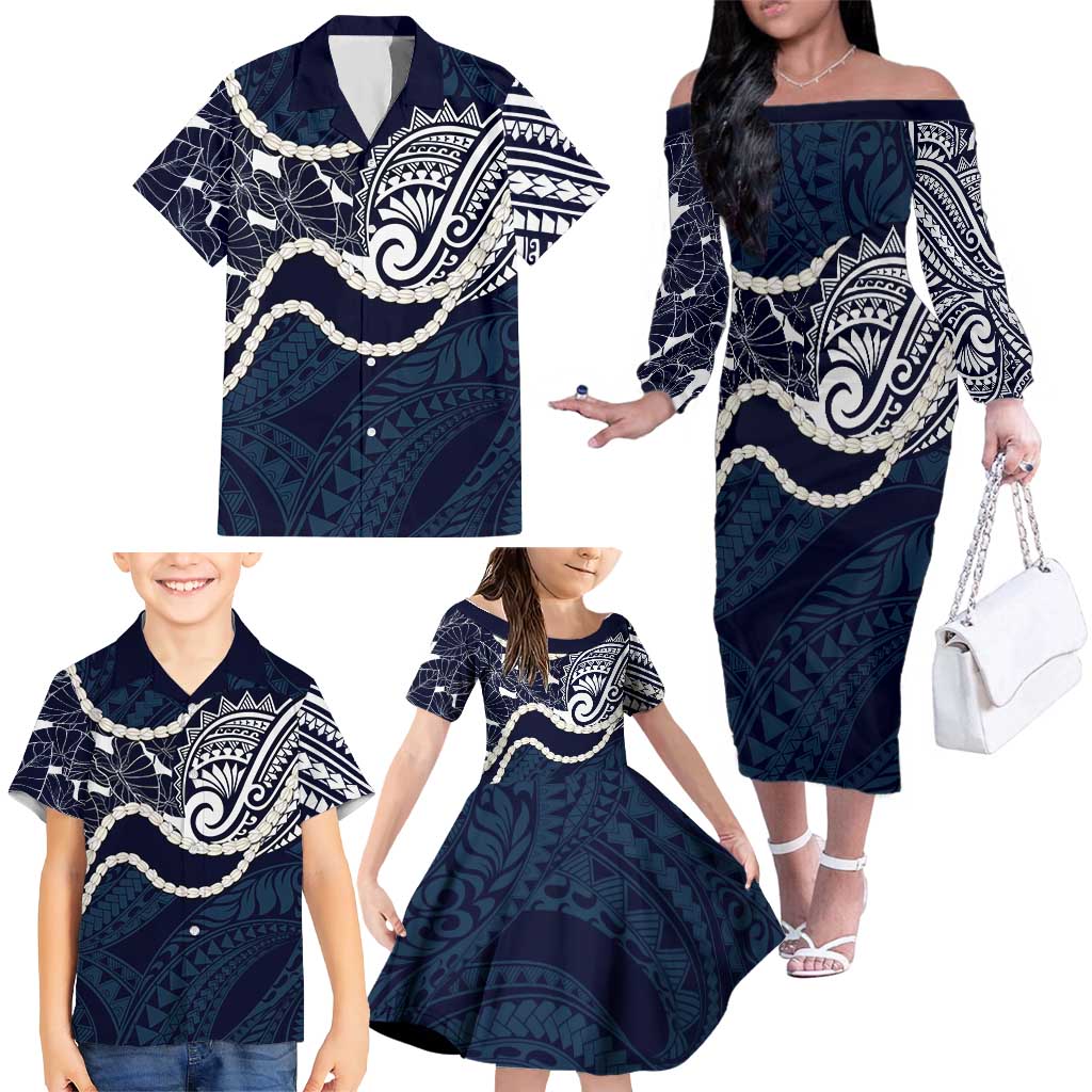Aloha Hawaii Kalo Pikake Lei Family Matching Off The Shoulder Long Sleeve Dress and Hawaiian Shirt Chest Tattoo Oxford Blue Hawaiian Pattern