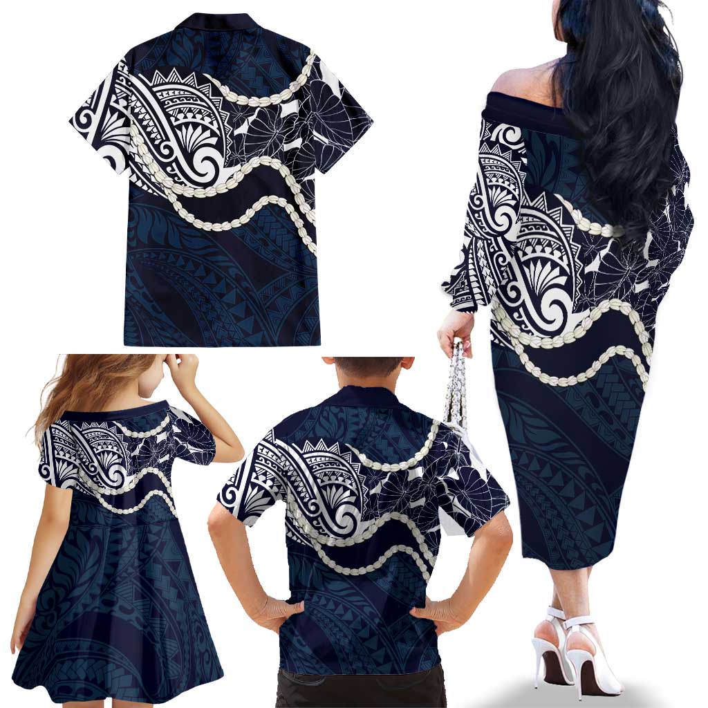 Aloha Hawaii Kalo Pikake Lei Family Matching Off The Shoulder Long Sleeve Dress and Hawaiian Shirt Chest Tattoo Oxford Blue Hawaiian Pattern