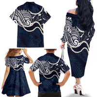 Aloha Hawaii Kalo Pikake Lei Family Matching Off The Shoulder Long Sleeve Dress and Hawaiian Shirt Chest Tattoo Oxford Blue Hawaiian Pattern