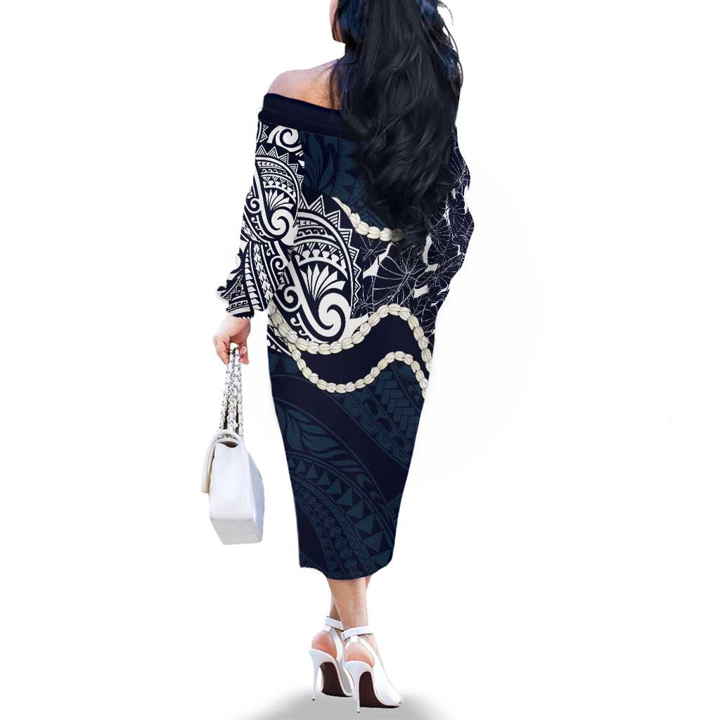Aloha Hawaii Kalo Pikake Lei Family Matching Off The Shoulder Long Sleeve Dress and Hawaiian Shirt Chest Tattoo Oxford Blue Hawaiian Pattern