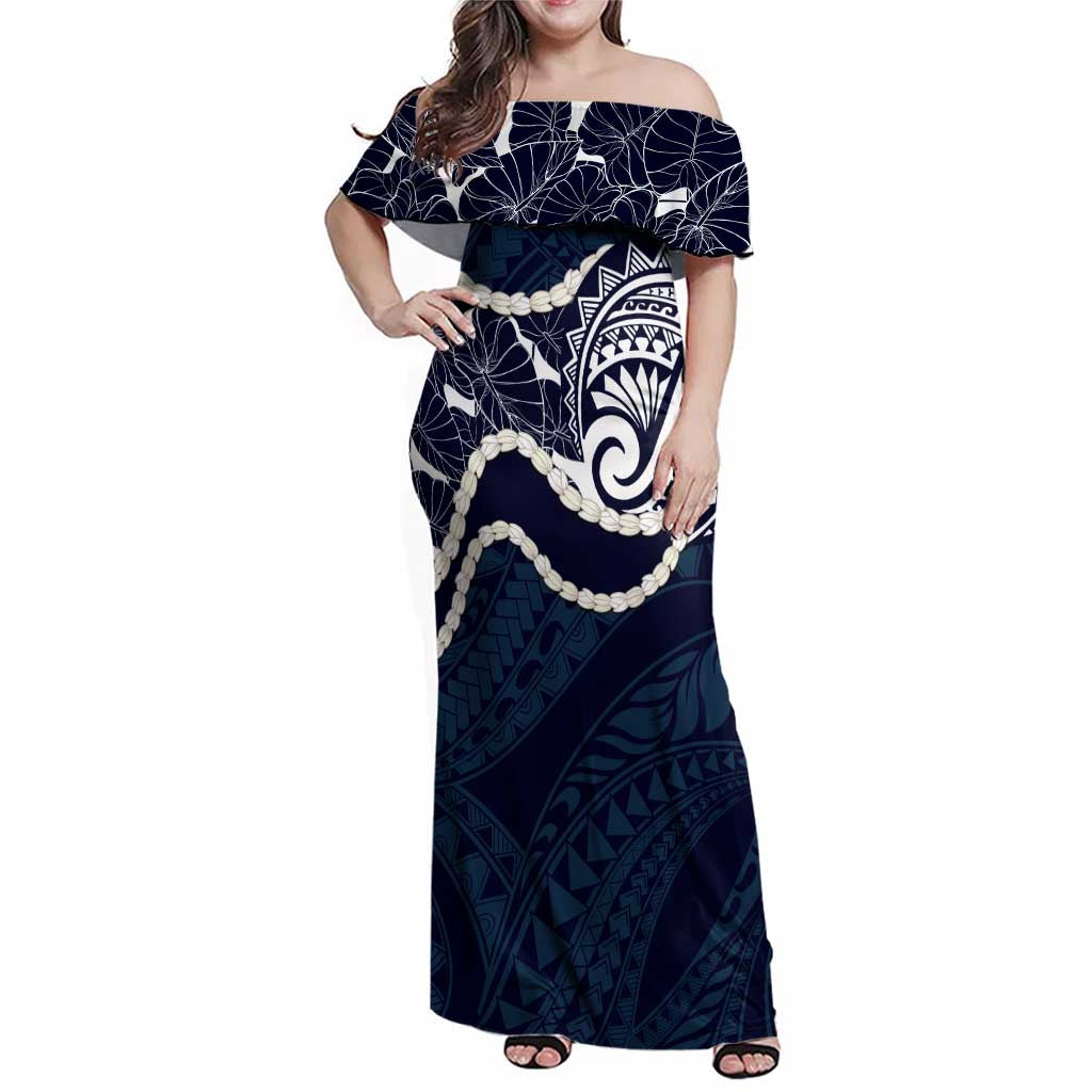 Aloha Hawaii Kalo Pikake Lei Family Matching Off Shoulder Maxi Dress and Hawaiian Shirt Chest Tattoo Oxford Blue Hawaiian Pattern