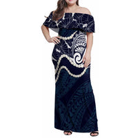 Aloha Hawaii Kalo Pikake Lei Family Matching Off Shoulder Maxi Dress and Hawaiian Shirt Chest Tattoo Oxford Blue Hawaiian Pattern