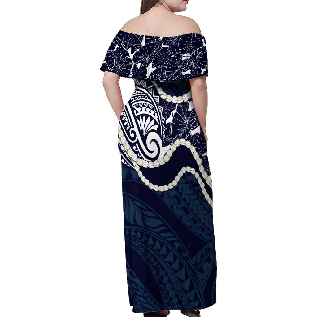 Aloha Hawaii Kalo Pikake Lei Family Matching Off Shoulder Maxi Dress and Hawaiian Shirt Chest Tattoo Oxford Blue Hawaiian Pattern