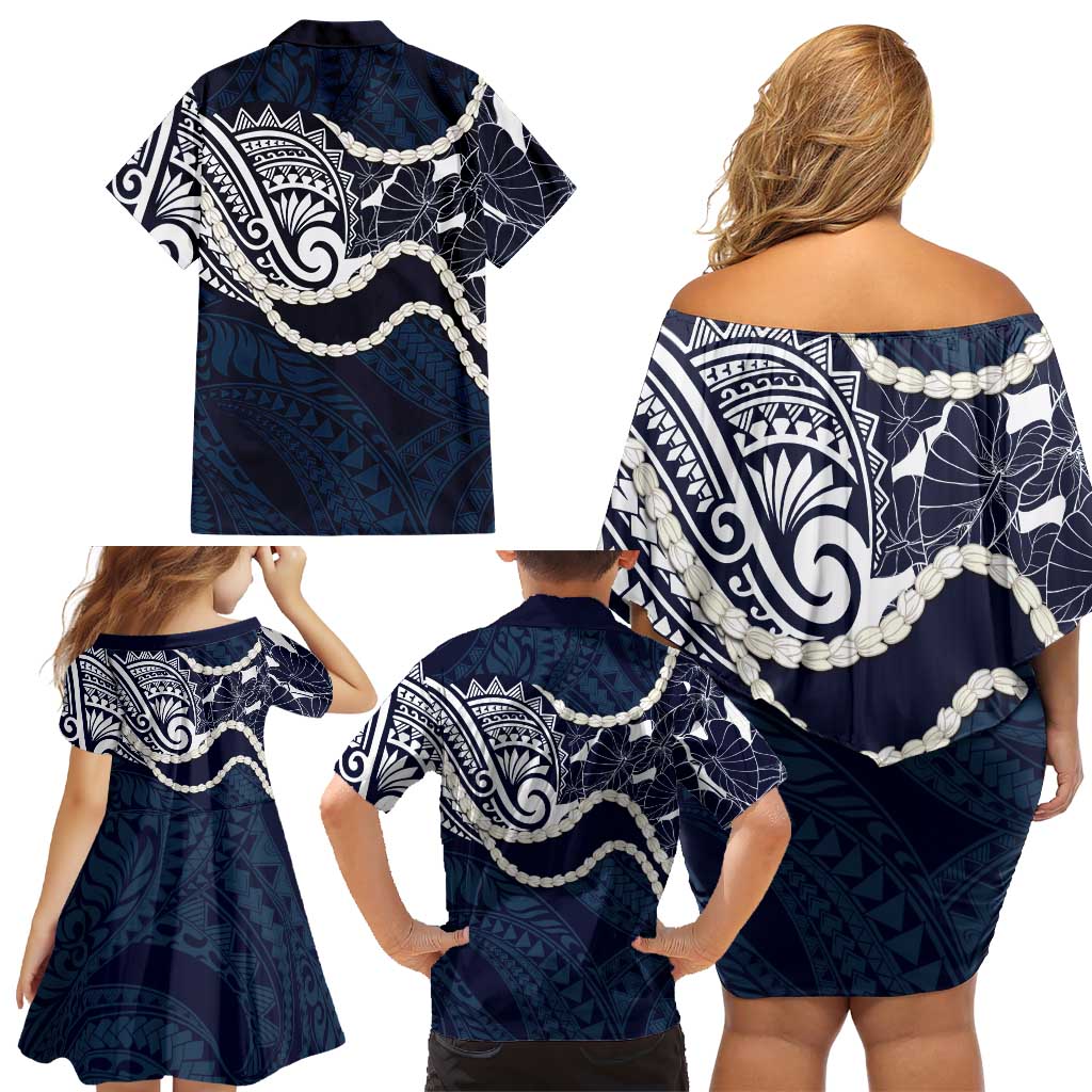 Aloha Hawaii Kalo Pikake Lei Family Matching Off Shoulder Short Dress and Hawaiian Shirt Chest Tattoo Oxford Blue Hawaiian Pattern