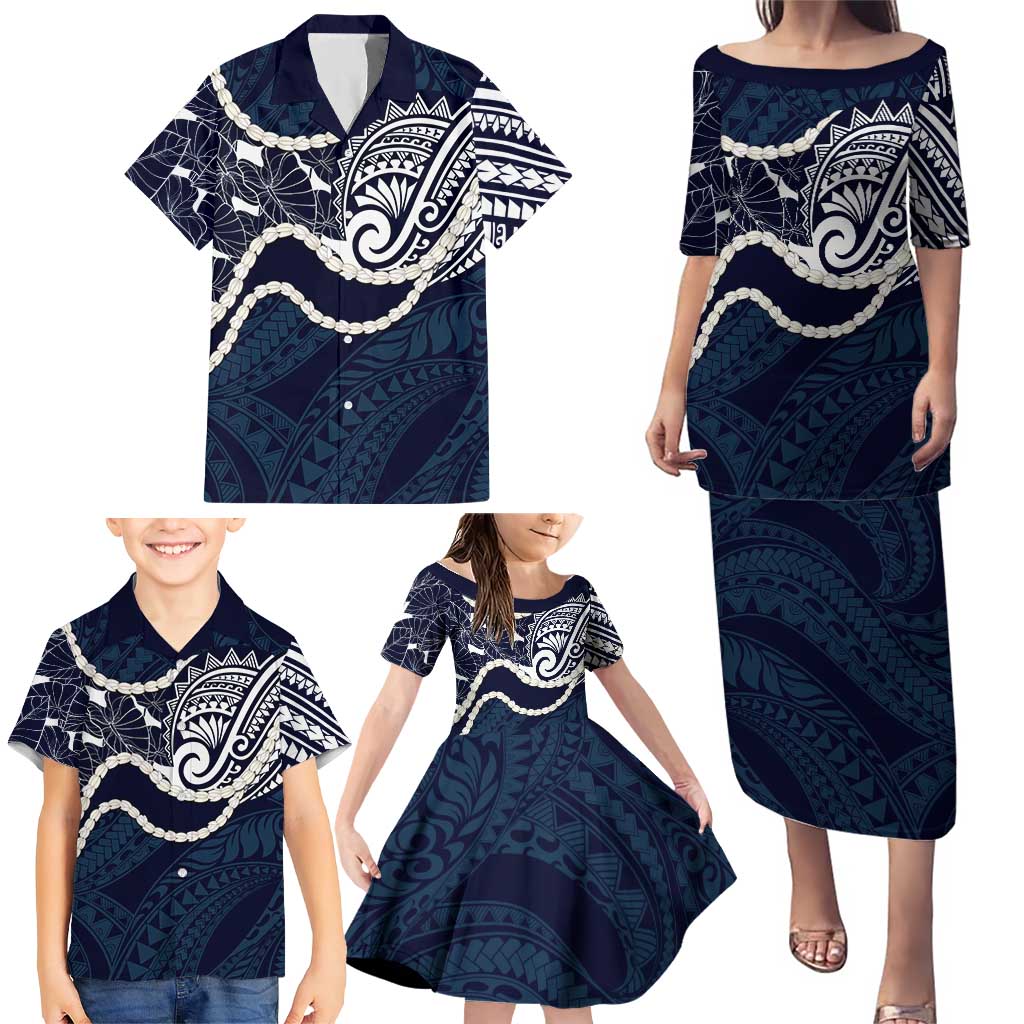 Aloha Hawaii Kalo Pikake Lei Family Matching Puletasi and Hawaiian Shirt Chest Tattoo Oxford Blue Hawaiian Pattern
