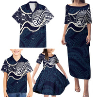 Aloha Hawaii Kalo Pikake Lei Family Matching Puletasi and Hawaiian Shirt Chest Tattoo Oxford Blue Hawaiian Pattern