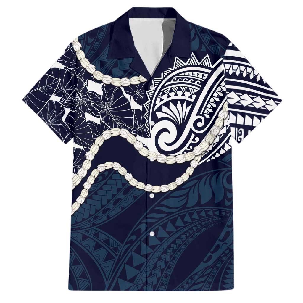 Aloha Hawaii Kalo Pikake Lei Family Matching Puletasi and Hawaiian Shirt Chest Tattoo Oxford Blue Hawaiian Pattern