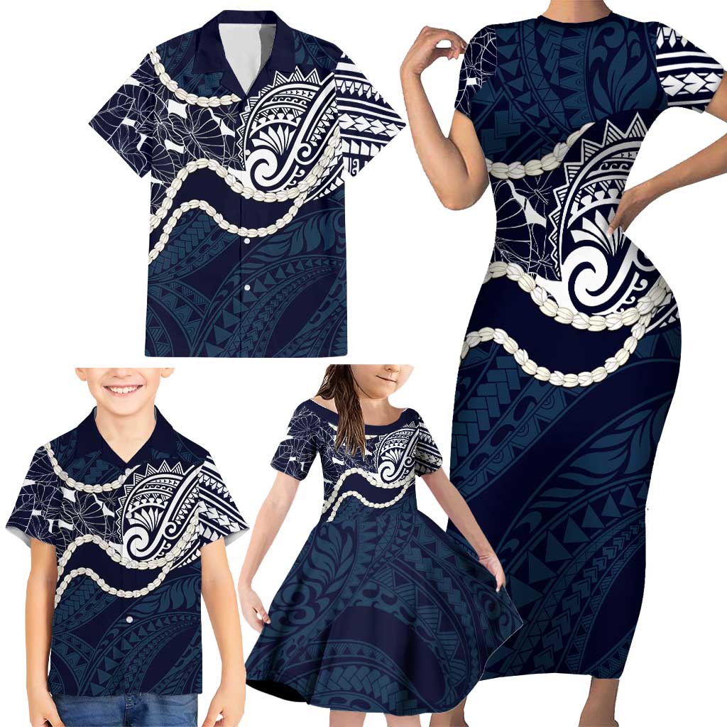 Aloha Hawaii Kalo Pikake Lei Family Matching Short Sleeve Bodycon Dress and Hawaiian Shirt Chest Tattoo Oxford Blue Hawaiian Pattern