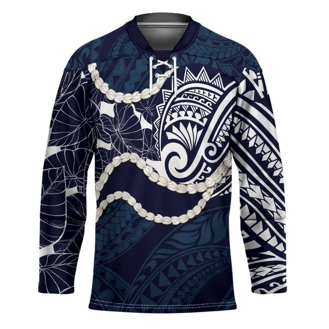 Aloha Hawaii Kalo Pikake Lei Hockey Jersey Chest Tattoo Oxford Blue Hawaiian Pattern LT14 Unisex Oxford Blue - Polynesian Pride