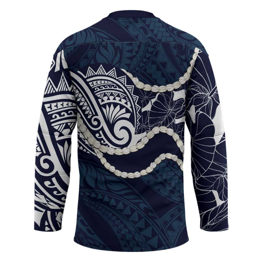 Aloha Hawaii Kalo Pikake Lei Hockey Jersey Chest Tattoo Oxford Blue Hawaiian Pattern LT14 - Polynesian Pride