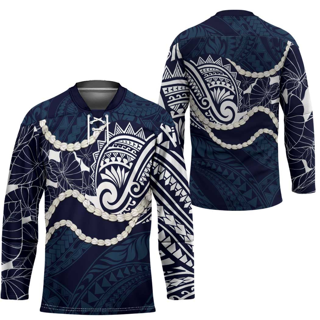 Aloha Hawaii Kalo Pikake Lei Hockey Jersey Chest Tattoo Oxford Blue Hawaiian Pattern LT14 - Polynesian Pride