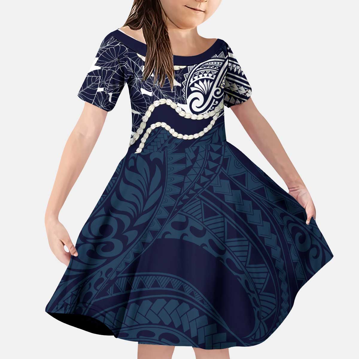 Aloha Hawaii Kalo Pikake Lei Kid Short Sleeve Dress Chest Tattoo Oxford Blue Hawaiian Pattern